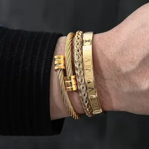ORPHIC Stainless Steel Bracelets for Men Golden Roman Numeral Bangle Bracelet Twisted Cable Bracelet Adjustable Cuff Bracelet Mens Luxury Jewelry Bracelets Gifts