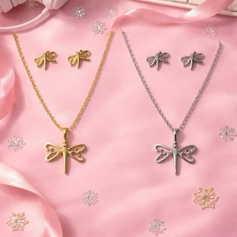 Stainless Steel Dragonfly Necklace & Earring Set - Gold & Silver Color Options - Perfect for Everyday Wear