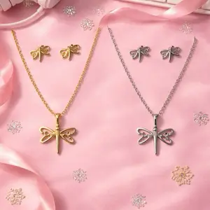 Stainless Steel Dragonfly Necklace & Earring Set - Gold & Silver Color Options - Perfect for Everyday Wear