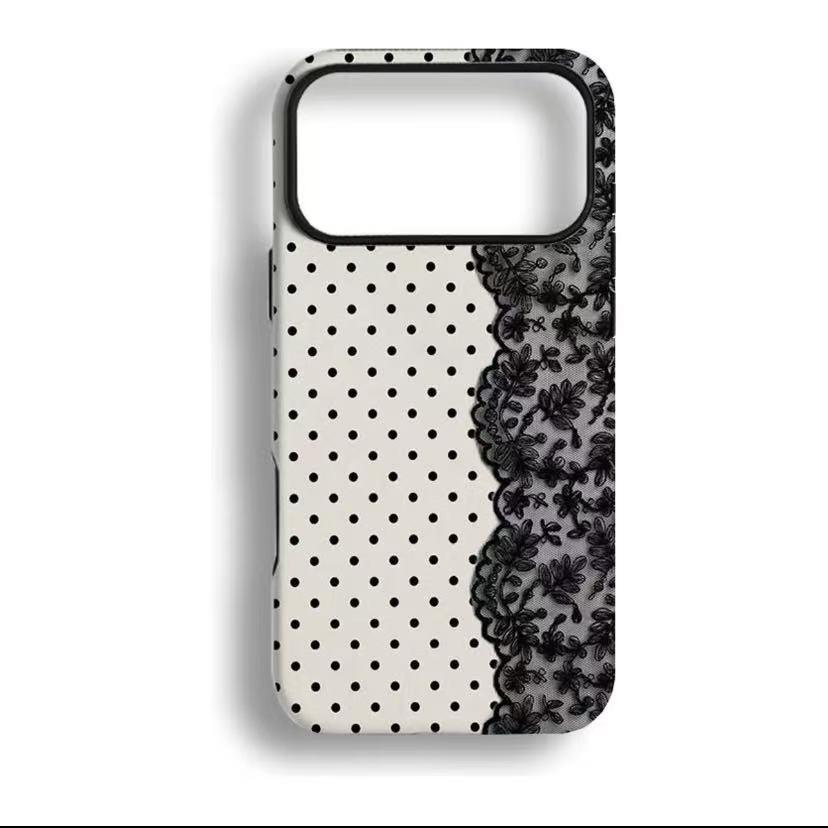 Black Polka Dot Lace Print Pattern Phone Case IMilitary-grade Shockproof Protection, Compatiblewith iPhone 17 Pro Max 16 15 14 13 12 11 X Plus/Pro & Samsung Galaxy I Affordable ToughAnxiety Phone Case for Girls