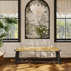 Farmhouse Modern Solid Wood Rattan Bench - 59 Inch Indoor & Covered Outdoor Bench Finish Multi-Functional Design