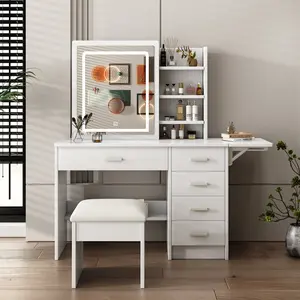 Makeup Vanity Desk with Mirror and Lights, Vanity Table Set with Storage Drawer & Open Shelves, 3 Lighting Colors, Adjustable Brightness White Makeup Vanity with Stool