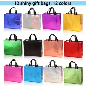 12pcsLarge Reusable Glossy Gift Bags - 12 Vivid Colors Glossy Waterproof Non-Woven Fabric Foldable Space-Saving Design for Birthdays Christmas Easter Party Gifts & with heavy-duty storage tote teacher present shopping tote Water-Resistant