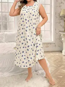 Women's Summer Bubble Gauze Sleepwear, Lace Trim Floral Pattern, Sleeveless Square Neck Design, Loose Fit Plus Size Home Wear Loungewear, Lace Trim Nightdress