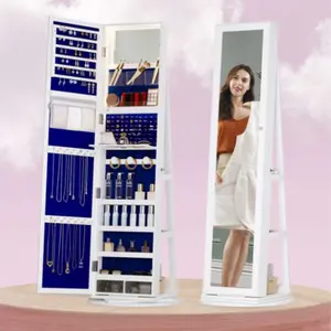 FREDEES Mirror Jewelry Cabinet with Storage: Jewelry Armoire with Full Length Mirror 360° Swivel & LED lights Standing Jewelry Holder Organizer with Rear Storage Shelves, Lockable Furniture Organization