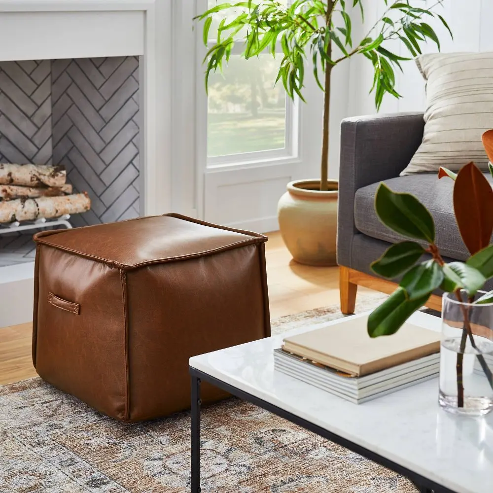 Evanston Leather Cube Pouf - Threshold designed with Studio McGee: Bonded Leather Square Shape No Assembly Required