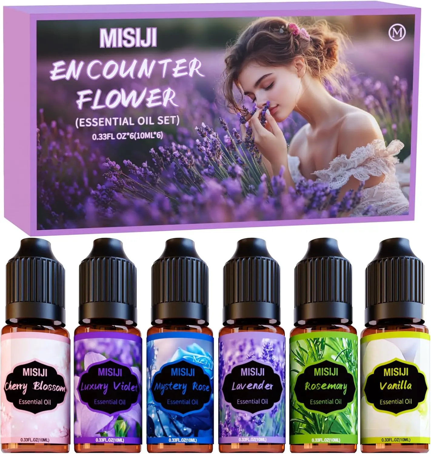 MISIJI 6 Pcs Encounter Flower Essential Oil Set, 6 x 10ML Floral Aromatherapy Oils Gift Set for Diffusers, Humidifiers, Home Fragrance, Relaxation & DIY Candles