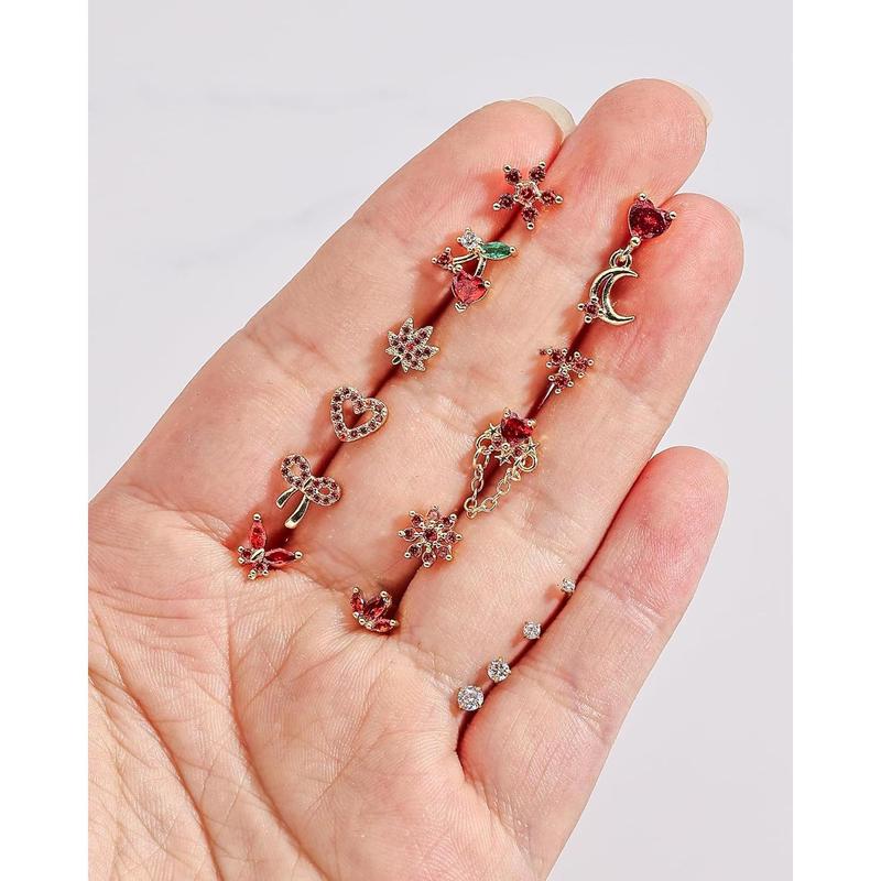 Nose Rings L Shaped for Women Nose Piercings 20G Surgical Stainless Steel  Nose Studs Pink Red CZ Heart Butterfly Flower Cherry Bow Moon Dangle Nose Piercing