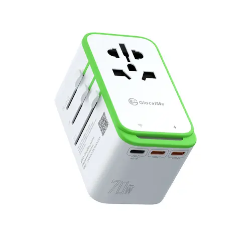 GlocalMe RoamPlug All-in-1 International Power Plug Adapter Power Hub - 4G WiFi Mobile Hotspot, US 1GB Data, 4 USB Adapters, 70W Max Output, EU/UK/AUS Compatible Charging Solution