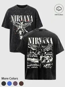 Oversized Graphic Band Print Nirvana Tee, Casual Fitted Short Sleeve Round Neck Top, Perfect for Streetwear & Music Festivals, Pure Cotton Comfort