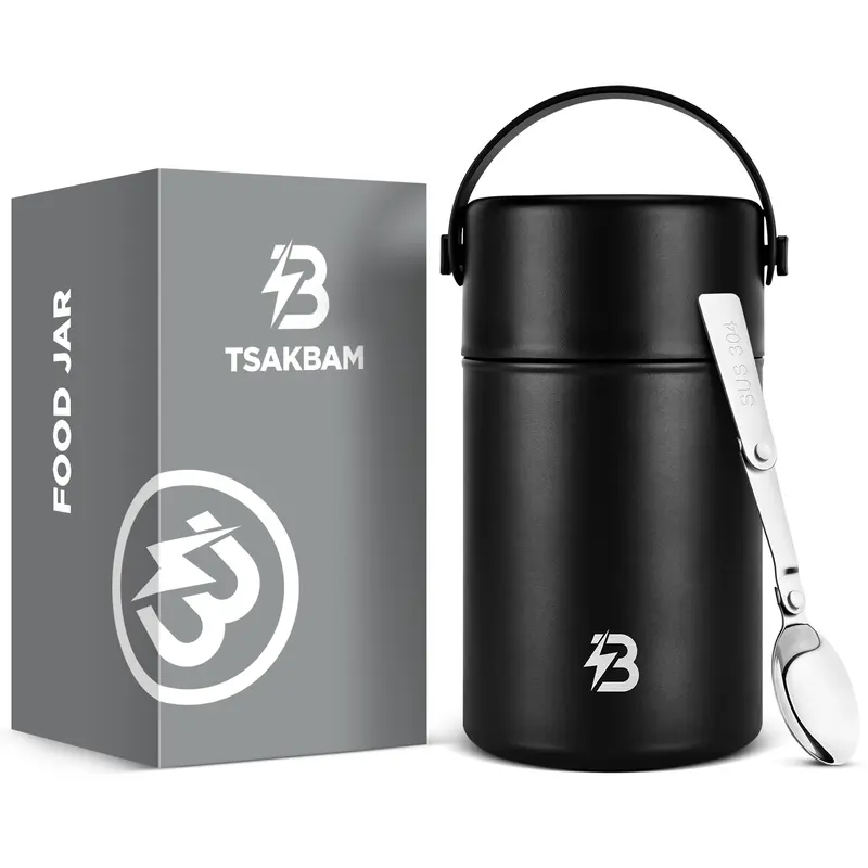TSAKBAM Stainless Steel Insulated Lunch Box - 29/35 Oz Wide Mouth Leakproof BPA-Free Portable Thermos with Lid, Foldable Silicone Spoon for Adults, Cold Lunch Kitchenware