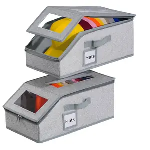 2PCS Hat Organizer for Baseball Caps, Stackable Storage with Clear Window Lid,Hat Box for Closet, Holds up to 30 Caps Hat Organizer for Closet, Grey