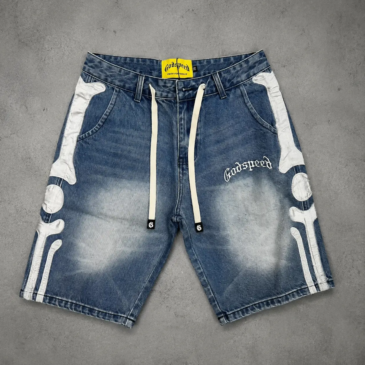 GOD SPEED Skull Embroidered Denim Shorts Men, Vintage Washed Distressed Jean Shorts, Oversized Streetwear 5 Inch Shorts with Patch Detail, Y2K Hip Hop Casual Summer Shorts for Men Women