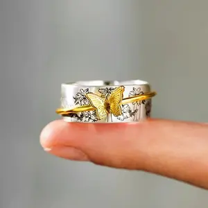 Chic Butterfly Finger Ring for Women – Golden Tone Two-Tone Style, Aesthetic Flower-Inspired Jewelry for Party, Daily Wear, Gift for Her, Fashion Accessories