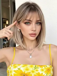 Synthetic Wig, 14 Inch Realistic Heat Resistant, Wig with Bangs Short Straight Hair, Adjustable Cap, Comfortable Wear, All Seasons