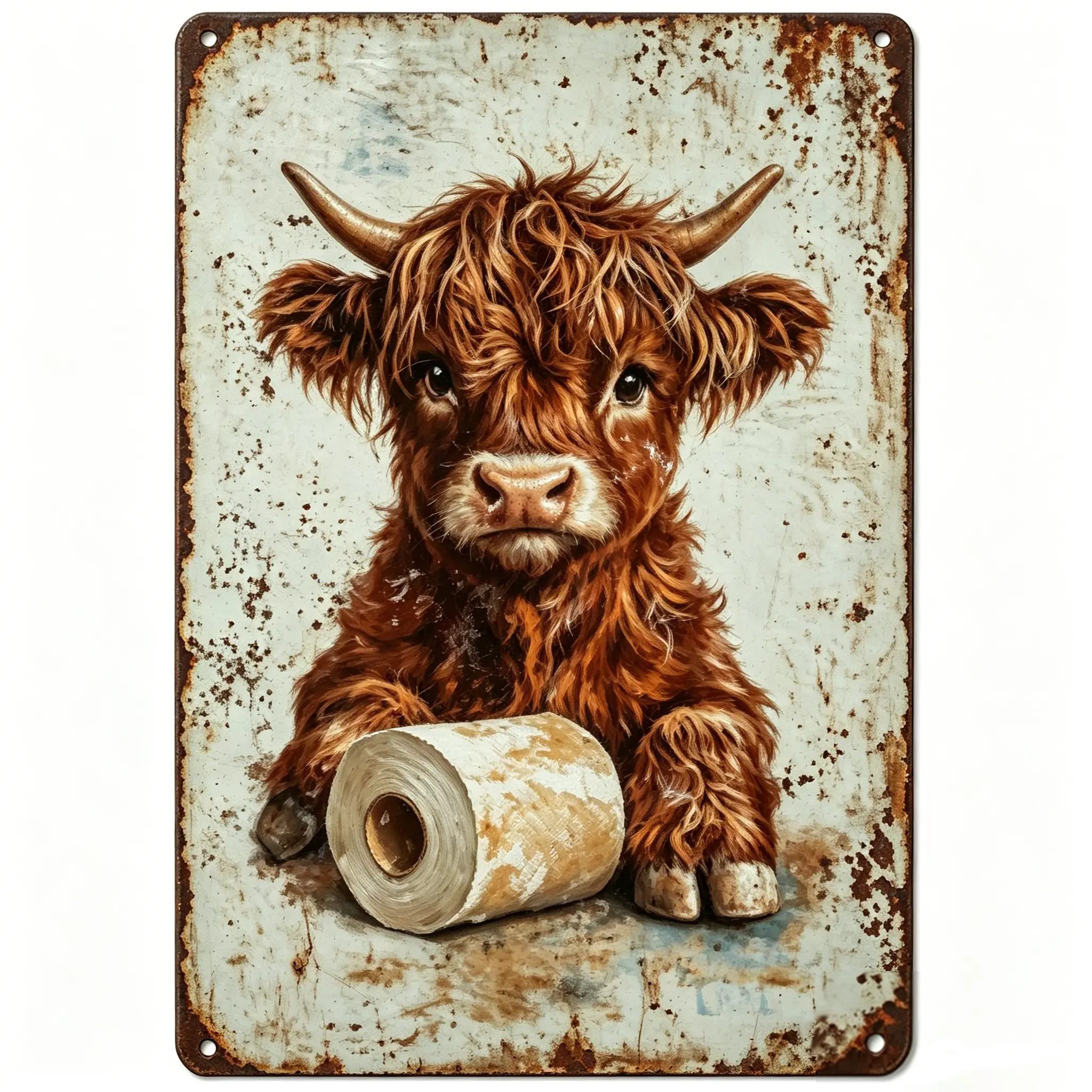 Country Rustic Metal Highland Cow Iron Bathroom Tin Sign - 8*12in Whimsy Bathroom Decor, Retro Cute Wall Hanging, Funny Farmhouse Wall Art with Toilet Paper