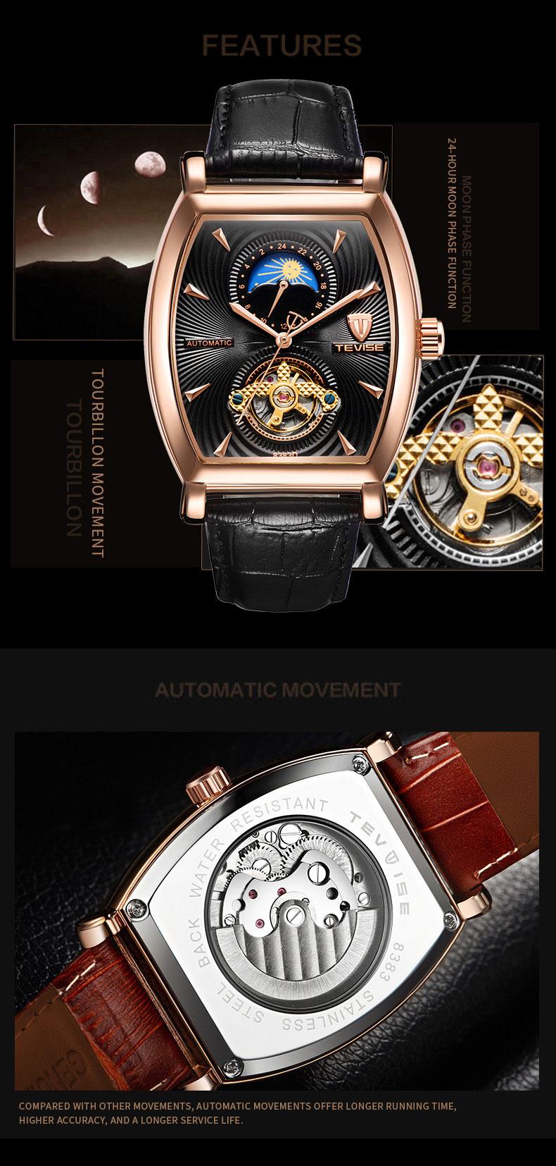 Luxury Men's Mechanical Watch, Tonneau Case, Moon Phase Dial, Genuine Leather Business Watch