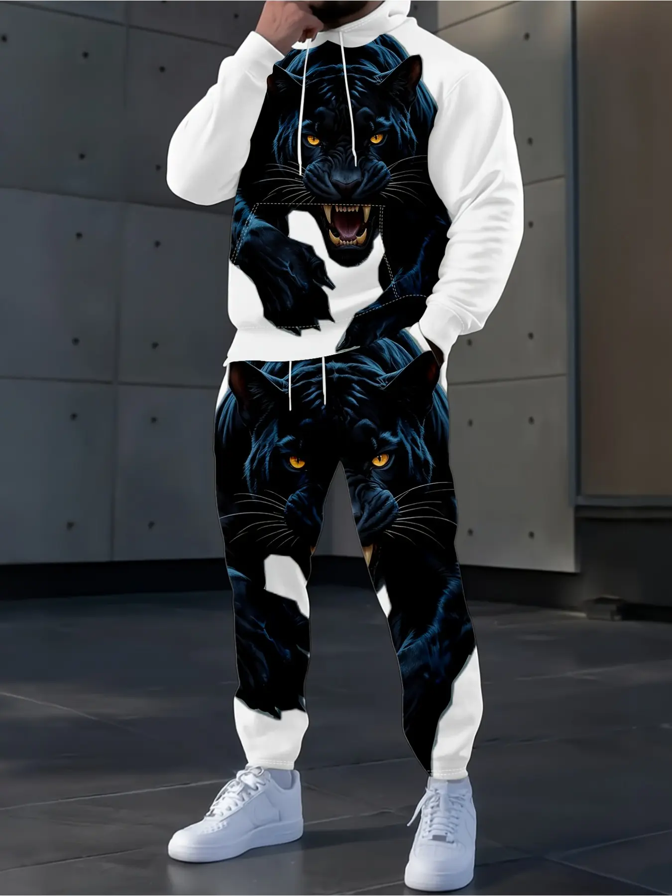 Men's casual hooded sweater set, cool tiger print top + pants two-piece combination, Knit Clothing Sets Men's casual hooded sweater set, cool tiger print top + pants two-piece combination, Knit Clothing Sets