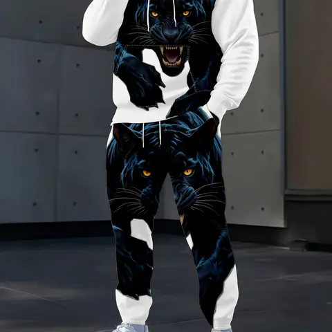 Men's casual hooded sweater set, cool tiger print top + pants two-piece combination, Outfit Set