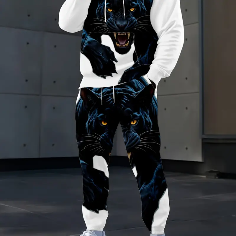 Men's casual hooded sweater set, cool tiger print top + pants two-piece combination, Outfit Set