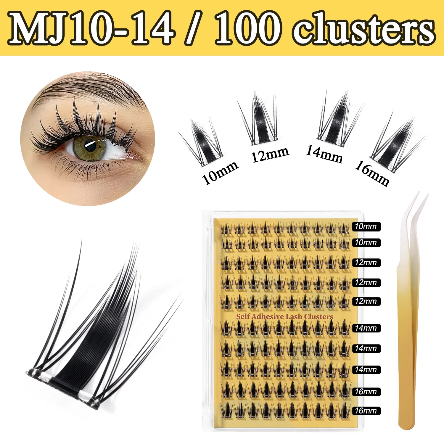 Pre-Glued Lash Clusters, Reusable DIY Eyelash Extension Kit with Fluffy Spike Lashes, Waterproof & Long-Wear for Fox Eye Makeup, 10-16mm, Lash Extensions, Cluster False Eyelashes