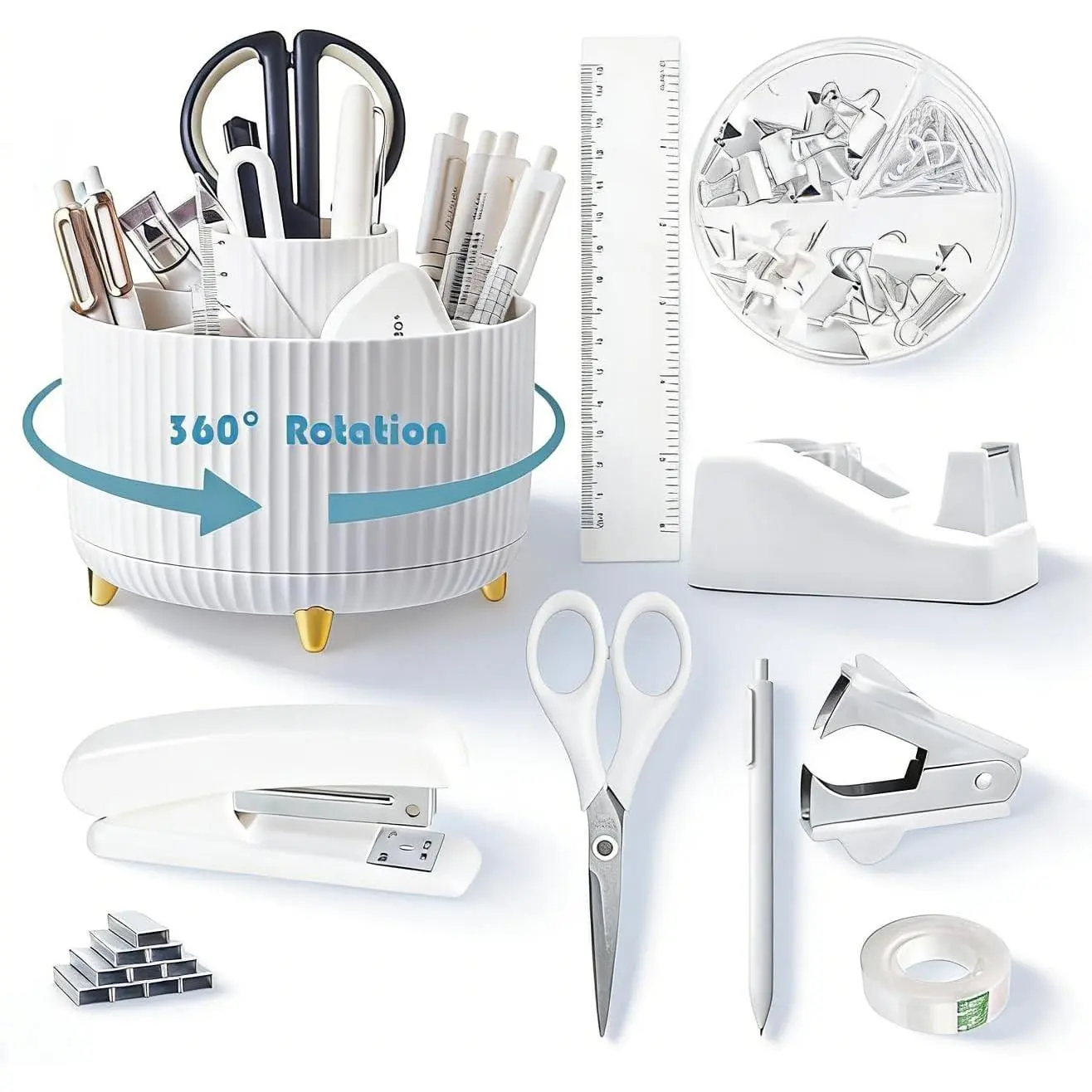 White Desk Organizers and Accessories Set with 360-Degree Rotating Pen Holder, Tape Dispenser, Stapler, Staple Remover, 1000 Staples, Tape, Clips Set, Ruler, Scissor, Pen