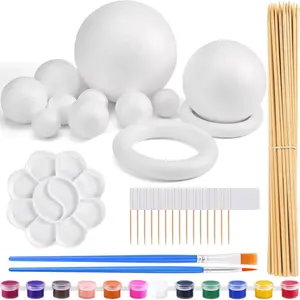 48PCS Solar System Model Foam Ball Kit Includes 10 Sizes Polystyrene Spheres, Bamboo Sticks, Toothpick Flags, 12 Color Pigments, Brushes, Paint Tray Palette for School Science Projects