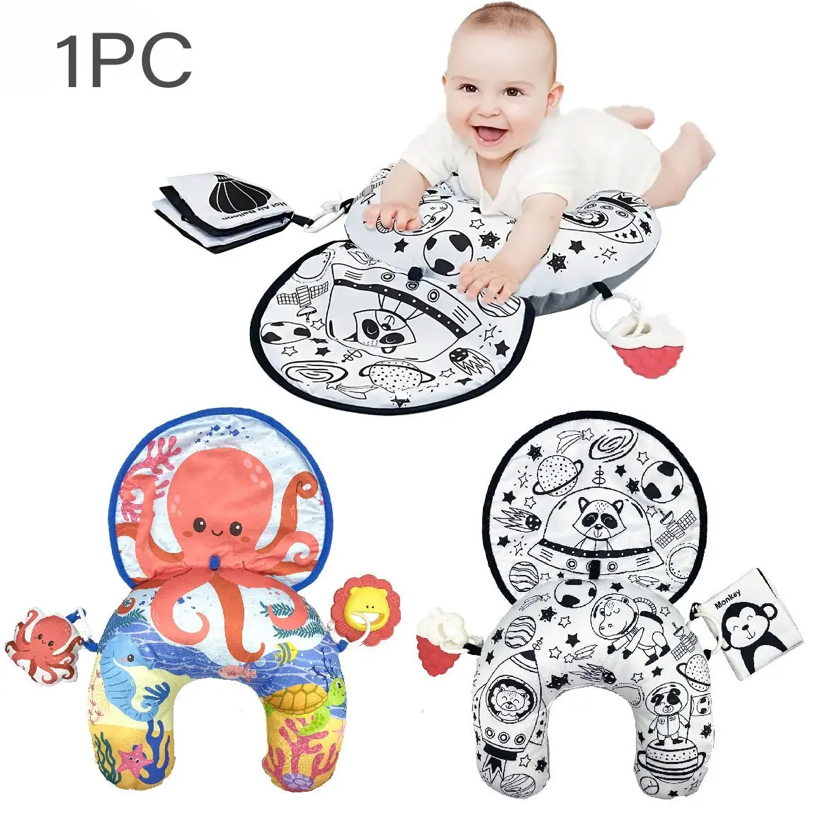 Tummy Time Pillow with Crinkle Mat & Teethers, Black and White High Contrast Baby Toys with Mirror or Cloth Book, Infant Newborn Toddler Tummy Time Toys 0-6-12 Months Babies