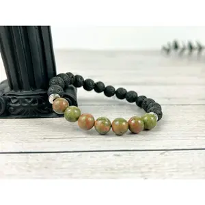 Unakite Bracelet with Black Lava Beads - Essential Oil Bracelet - Diffuser Bracelet