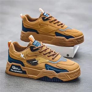 The mainstream Local Warehouse Fashion Street Style Thick-Soled Skate Shoes - Yellow & Blue Color Block Laced Sports Sneakers with Durable Non-Slip Sole & Comfortable Fabric Lining for Daily Outdoor Wear