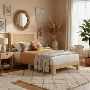 Gaomon Twin Natural Rattan Bed Frame, Bohemian Look Design with Natural Rattan Headboard, LED Lights, Wood Grain Finish, No Box Spring Needed