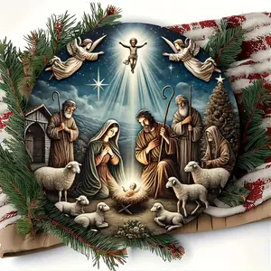 Iron Foil Engraving Nativity Scene Wall Decor, 8x8 Inch Religious Holiday Circular Metal Sign, Flat Printed Hanging Art, Ideal for Coffee Shop, Bar, Living Room, Thanksgiving Decorative Gift