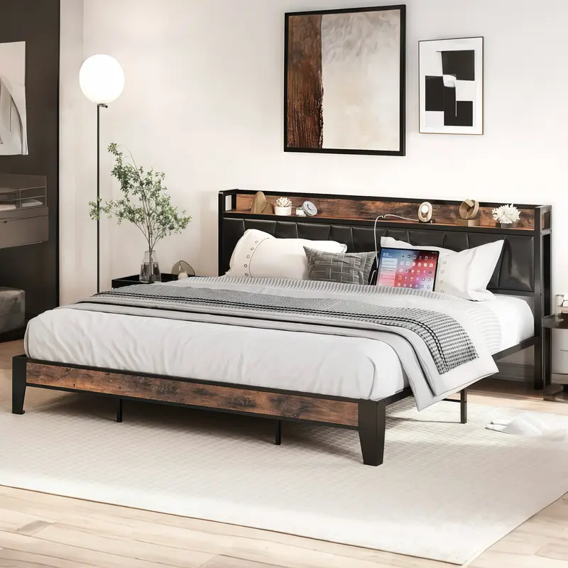 LIKIMIO Bed Frame, Storage Headboard with Charging Station, Solid and Stable, Noise Free, No Box Spring Needed, Easy Assembly