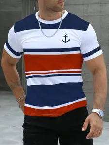 Men's Summer Casual Outdoor Sports Striped Print T-Shirt, Athletic Shirt, Comfortable Round Neck Short Sleeve Top for Active Wear, Activewear T Shirt, Ideal for Outdoor Activities