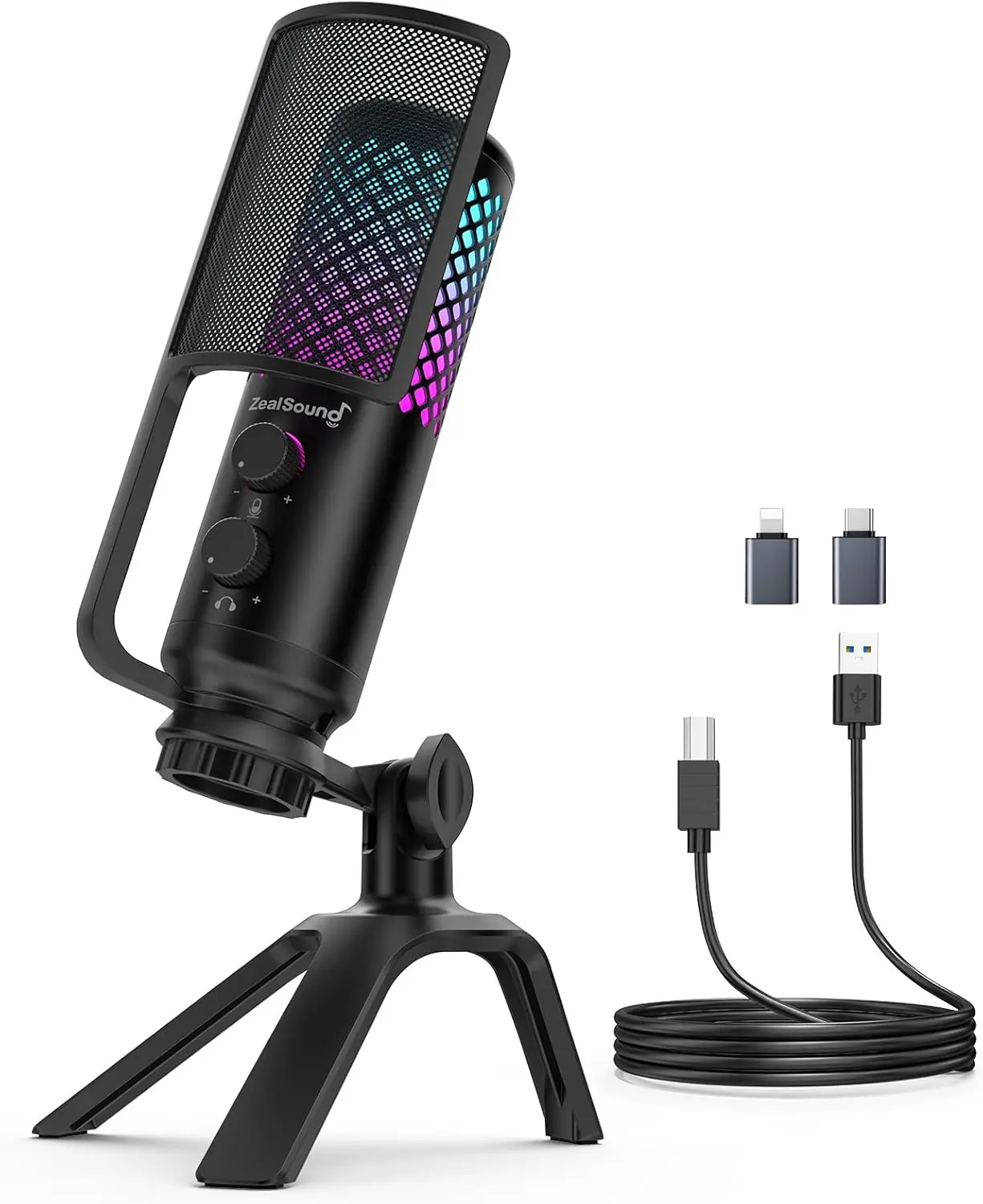 ZealSound Podcast Microphone for PC/Mac/iPhone/Phone – 96kHz/24bit USB Condenser Mic with Noise Reduction, Tap-to-Mute, Gain Control, Zero-Latency Monitor, RGB Light for Streaming, Gaming, Recording