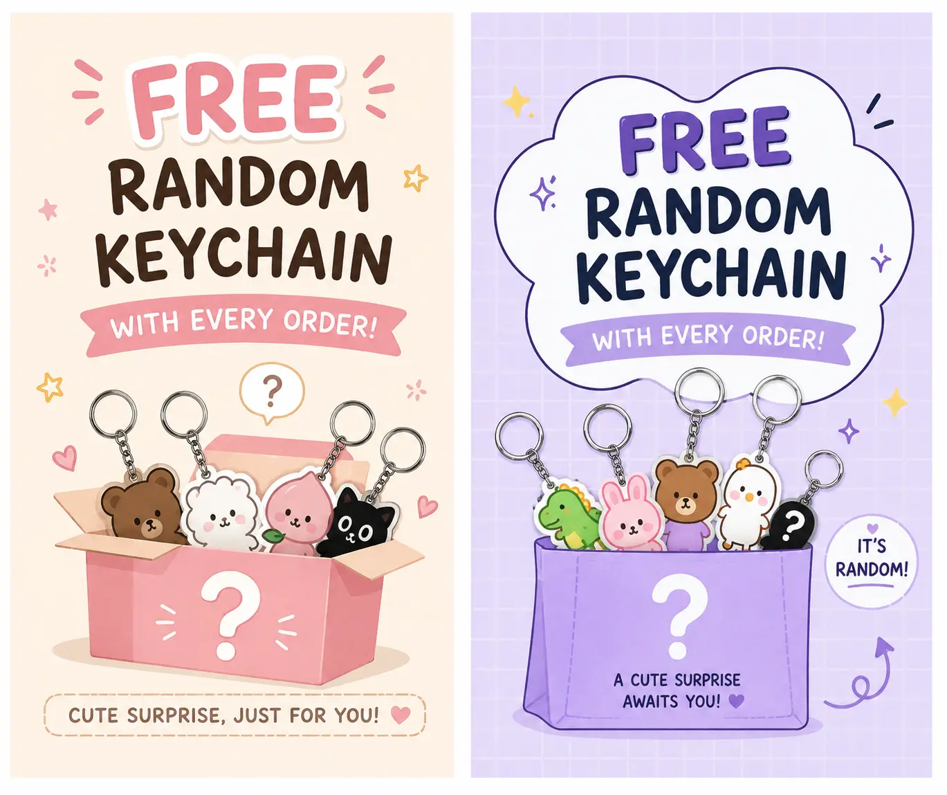 Free Random Keychain with Every Order, Cute Surprise Gift Charm, Mystery Animal Keyring for Bags, Backpacks, Keys & Everyday Accessories