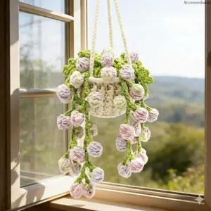 Handmade Nylon Fiber Crochet Flower Hanging Decor - Boho Aesthetic Fashion Accessory, Cute Car Window Ornament, Ideal Gifting Item, Car Accessories, Accessories For Car