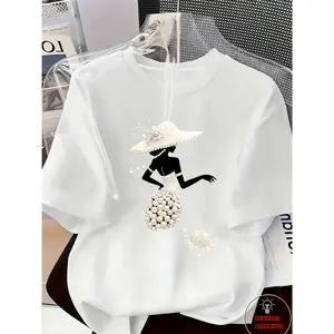 Women's Polyester Printed Short-Sleeve Round Neck T-Shirt Top - Pearl and Crystal Embellishments, Soft Breathable Fabric, Elegant Light Luxury Spring/Summer Casual Daily Outfit, Shortsleeve