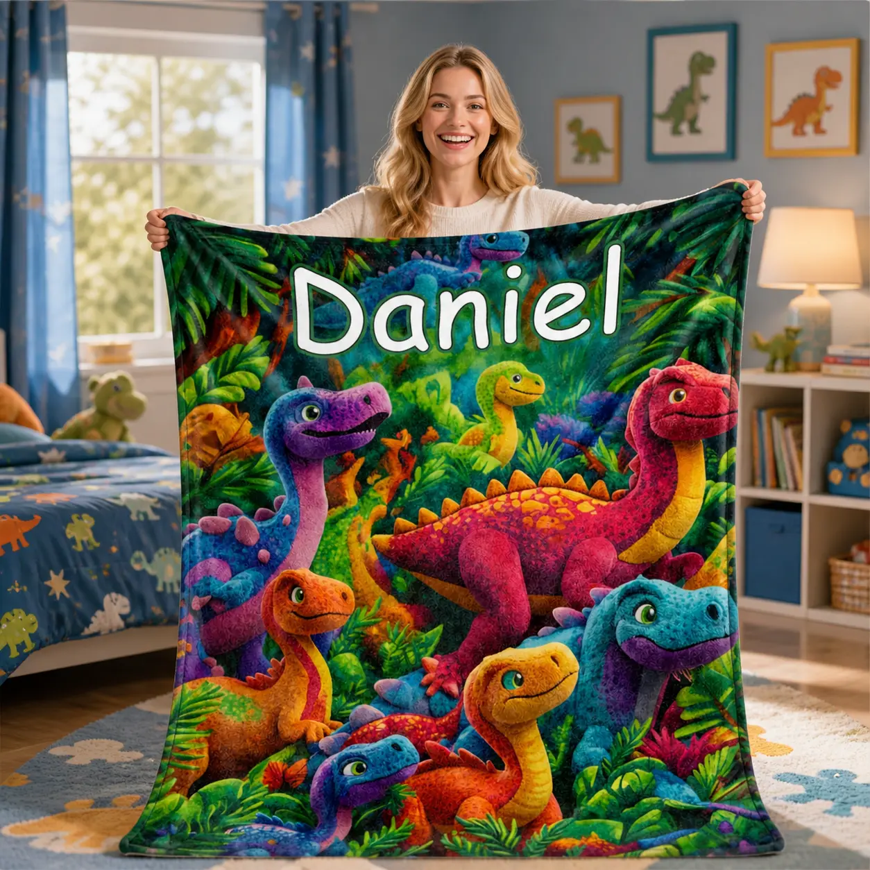 Personalized Custom Name Dinosaur Blanket - Bedspread with Name/Text, Soft Plush Suitable for All-Season Cozy Throw, Vibrant Dino Jungle Bedding for & Room Decor, Gift