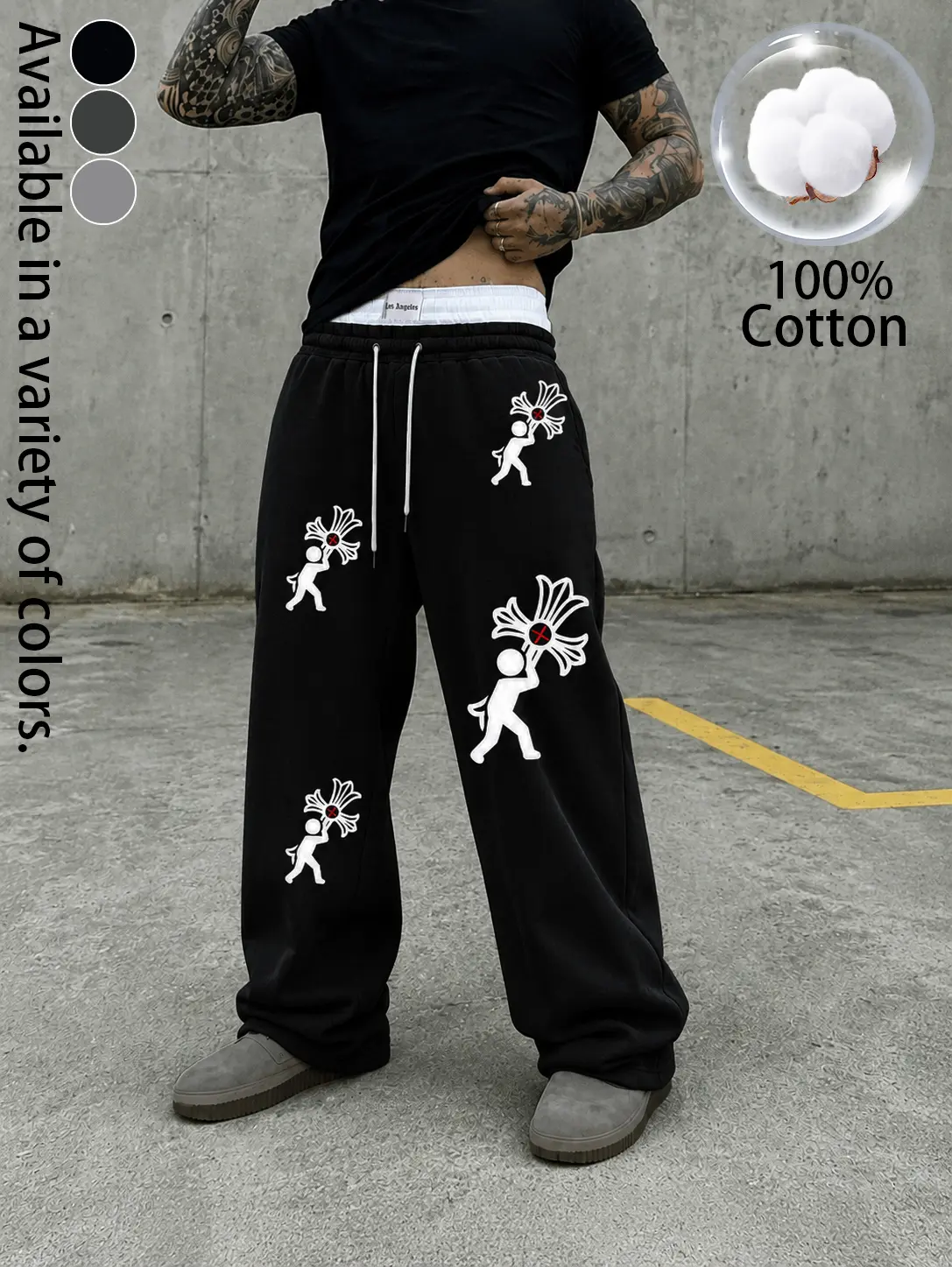 100% Cotton Faux Two Piece Double Waistband Sweatpants, Men's Baggy Wide Leg Low Rise Jogger Pants with Drawstring, Graphic Print Streetwear Lounge Trousers, Hip Hop Y2K Casual Workout Track Pants for Gym, Travel, Daily Wear, Relaxed Fit Fashion Pants