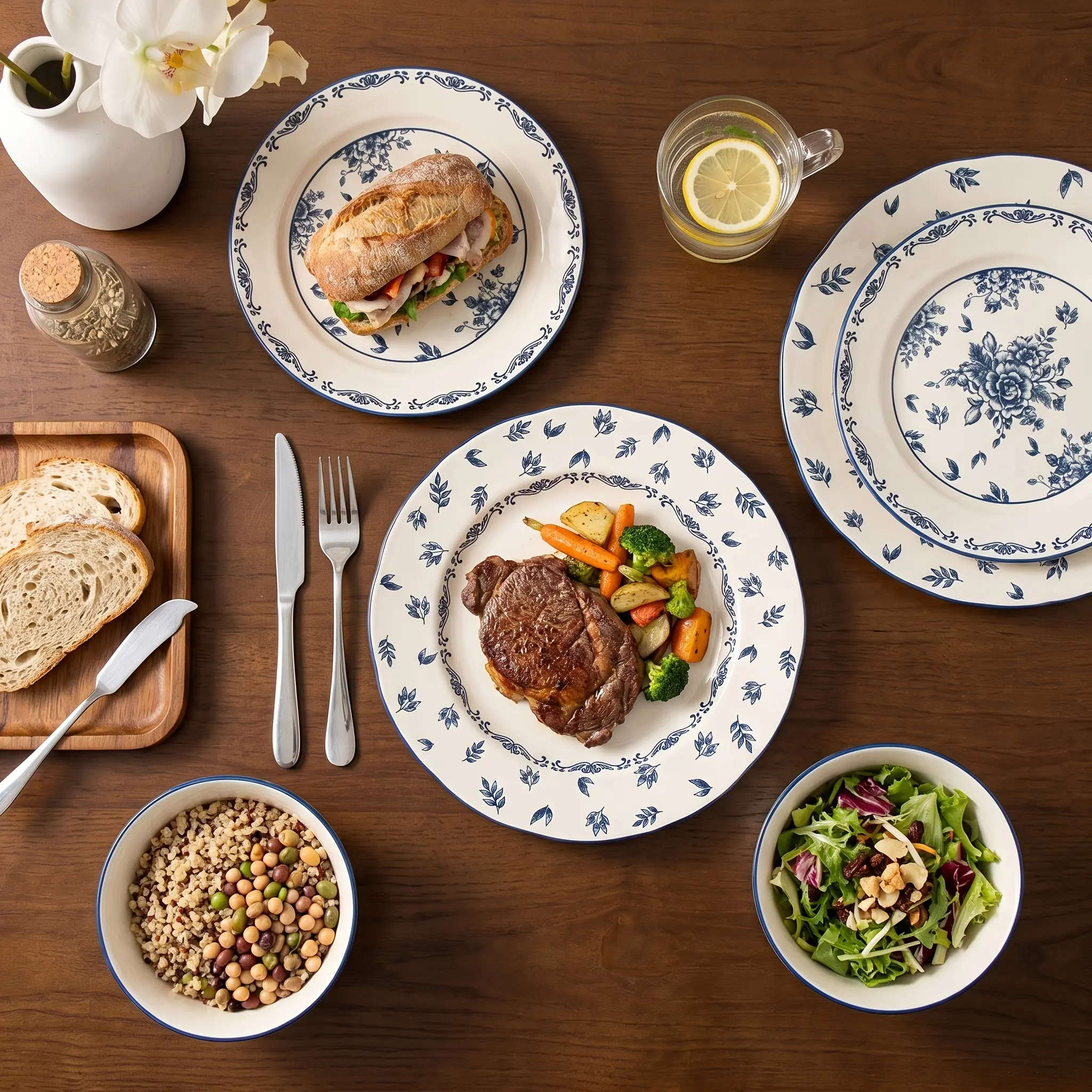 Ceramic Dinnerware Set for 6/8, Floral Pattern Plates & Bowls Set, Scratch-Resistant Stackable Dishes, Microwave-Dishwasher-Oven Safe, Kitchen Tableware for Home & Restaurant Use Cutlery