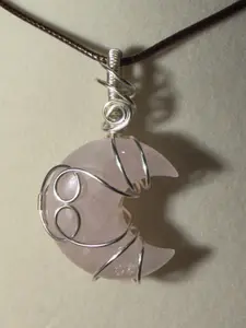 Rose Quartz silver-tone copper wire-wrapped moon pendant
