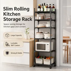 6-Tier Rolling Kitchen Storage Rack, Multi-Functional Microwave Oven Stand with Lockable Wheels, Floor Pantry Shelf for Cookware, Pots & Kitchen Organization