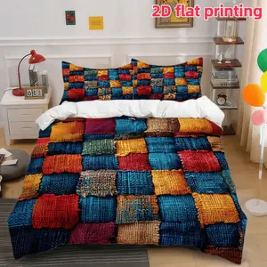 2D Flat 3Pcs Bohemian Colorful Patchwork Duvet Cover, Soft Microfiber Quilt and 2 Pillowcases, Abstract Pattern Bedding for Bedroom Decor, All Season Home Textile Gift, Soft Bedding Sets