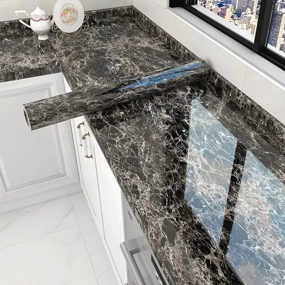 Glossy Dark Marble Peel-and-Stick Self-Adhesive Waterproof Wallpaper Film, 1 Roll Decorative Contact Paper for Countertops & Desks, Easy DIY Upgrade for Home Renovations, Marble Look Surface Enhancer