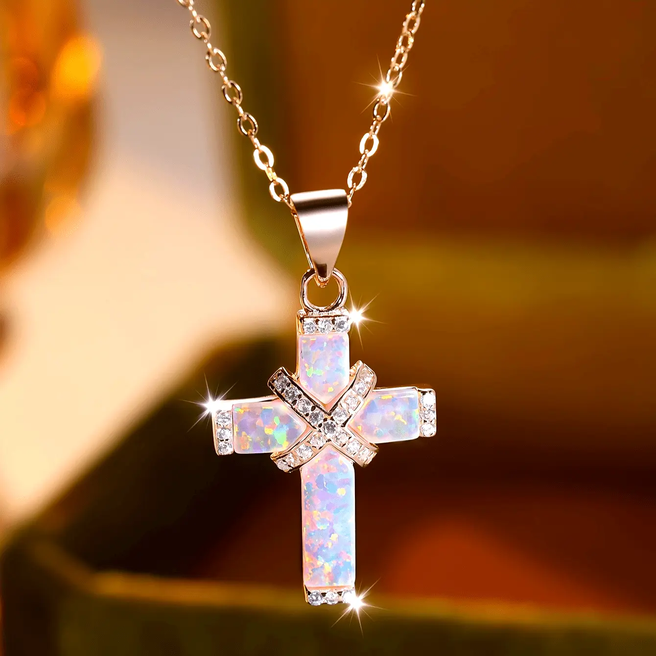 3.5g S925 Sterling Silver Exquisite Luxurious White Synthetic Opal Cross Necklace, Women's Exclusive with Box