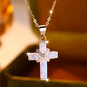 3.5g S925 Sterling Silver Exquisite Luxurious White Synthetic Opal Cross Necklace, Women's Exclusive with Box
