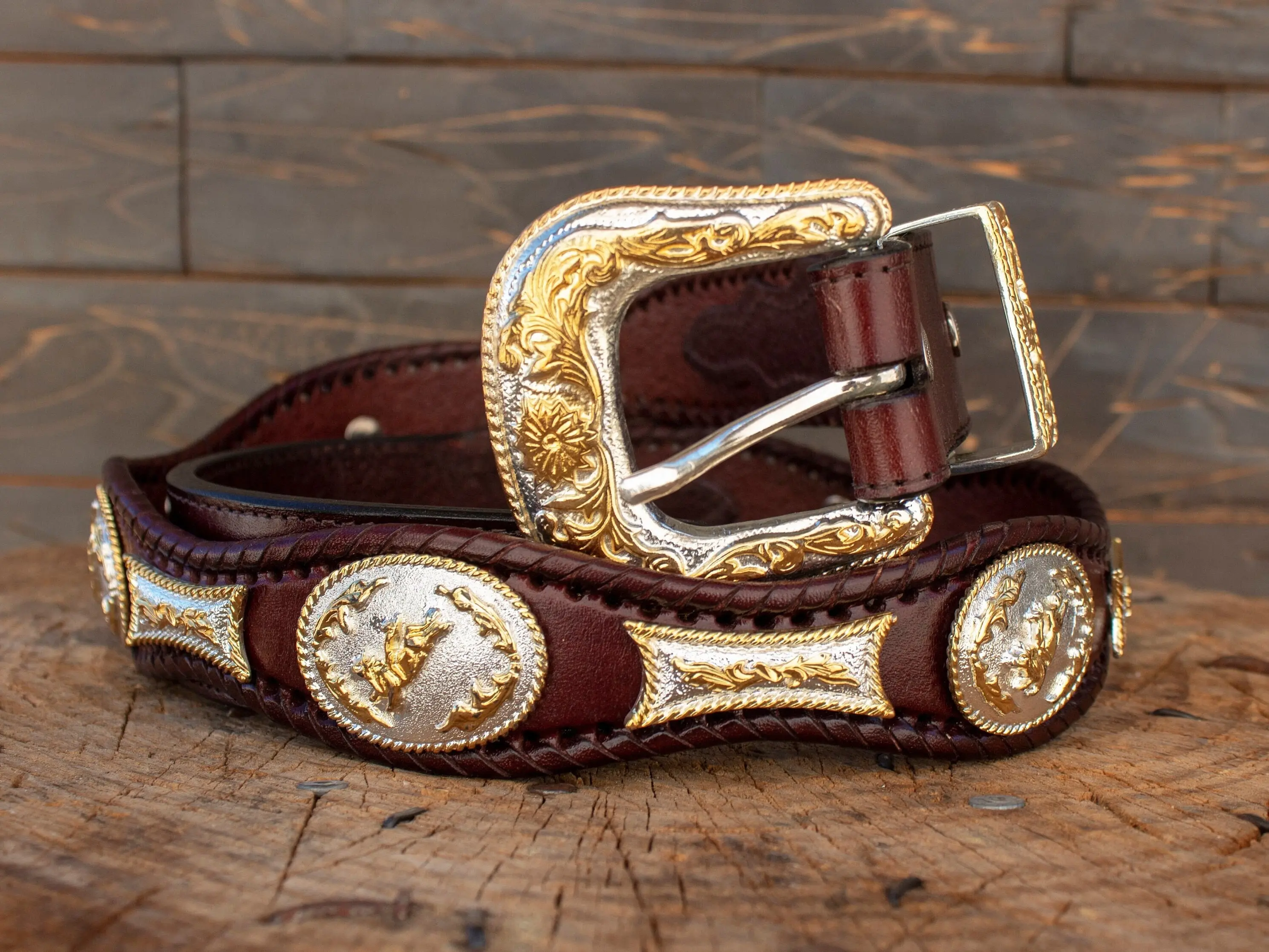 Mens LEATHER CONCHO WESTERN cowboy rodeo belt