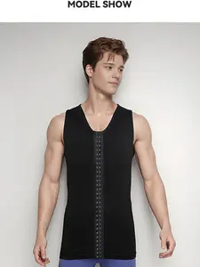 Men's Buckle Compression Vest, Strong Chest Binder Waist Trainer, Sleeveless Breathable Tight Fit, Gym Workout Shaping Top, Sport Vests