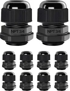 3/4" NPT Cable Glands Nylon PA66, Black IP68 Waterproof Adjustable Strain Relief Cord Connector, Junction Box Connectors Cord Grips with Gaskets and Locknut, (3/4" NPT, 10PCS)